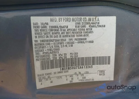 1999 Mercury Sable Gs from USA, damaged, VIN 1MEFM50U7XA613265